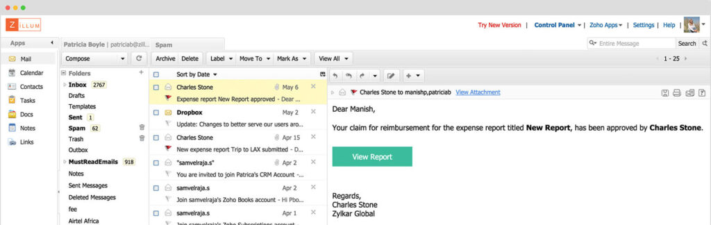 Zoho Mail Dashboard